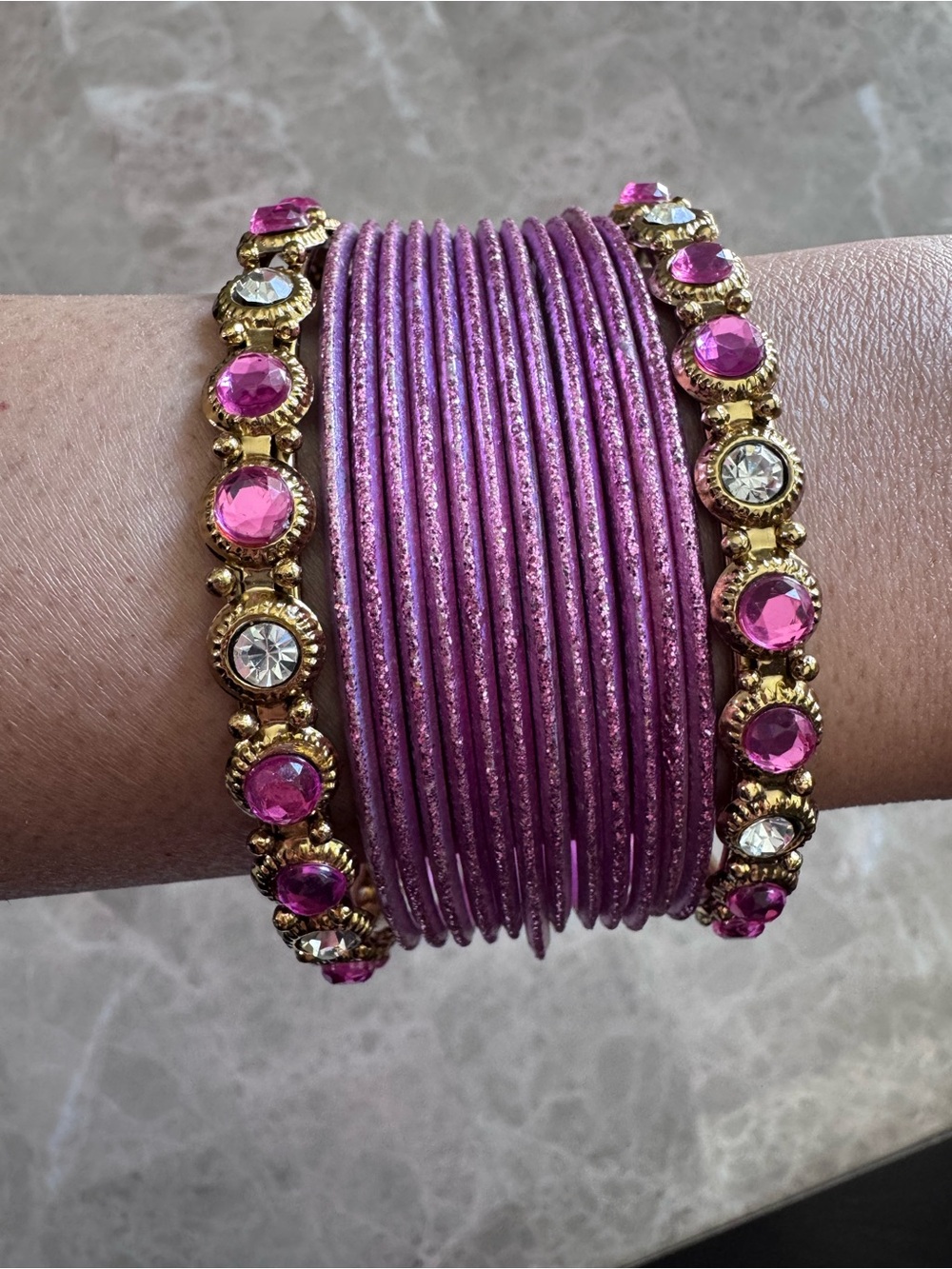 Purple & Gold Indian Bangle Set | Festive Rhinestone Churi Bracelet Stack